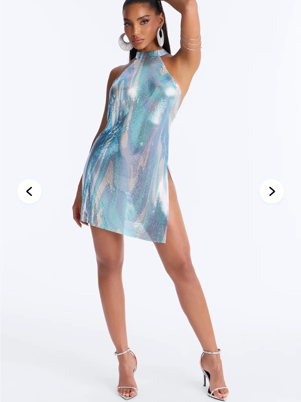 Fashion Nova Top Tier Only Chainmail Mini Dress Halter Metallic Aqua Iridescent - Picture 7 of 15